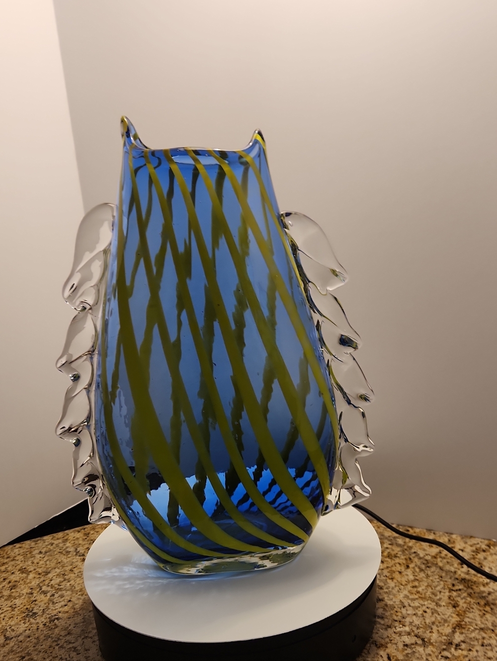 Vintage Murano Style Cased Blue Art Glass Vase – Yellow Lattice Trail & Pinched